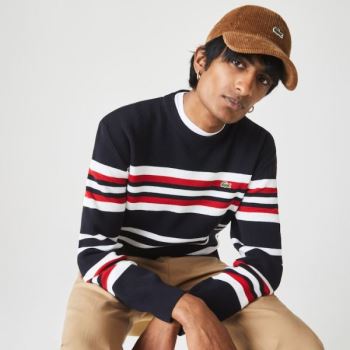 Lacoste Made in France Striped Organic Cotton Crew Neck Sweater - Svetr Pánské Tmavě Blankyt Blankyt